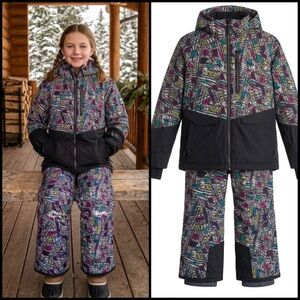 Boulder Gear Kids Printed Waterproof Hooded Retro Snow Ski Jacket Pants Set L
